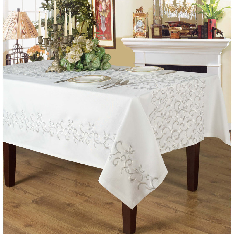 Violet Linen Seville Exquisite Vintage Decorative Floral Pattern, Polyester Embroidered, White, 60 Inch By 84 Inch, Seats 6 To 8 People, Rectangular Tablecloths