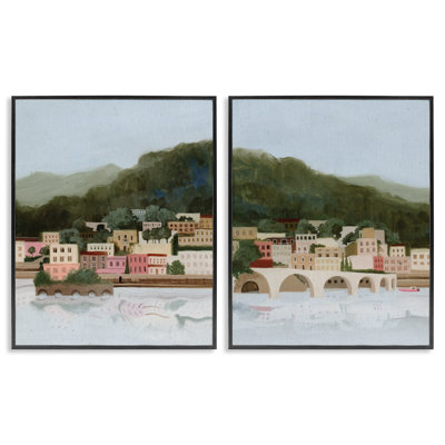 Ensemble de 2 giclées encadrées Mountain Town by Sea, design par Grace Popp