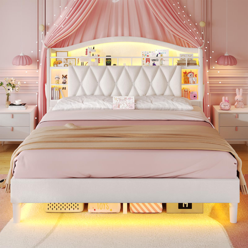 Velvet Upholstered Platform Bed With Led Lights And Charging Station, Princess Bed Frame With Led Lights Headboard,guardrail,crystal Button, No Box Spring Needed