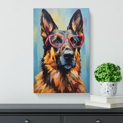 German Shepherd With Glasses Painting No.3 - Wrapped Canvas