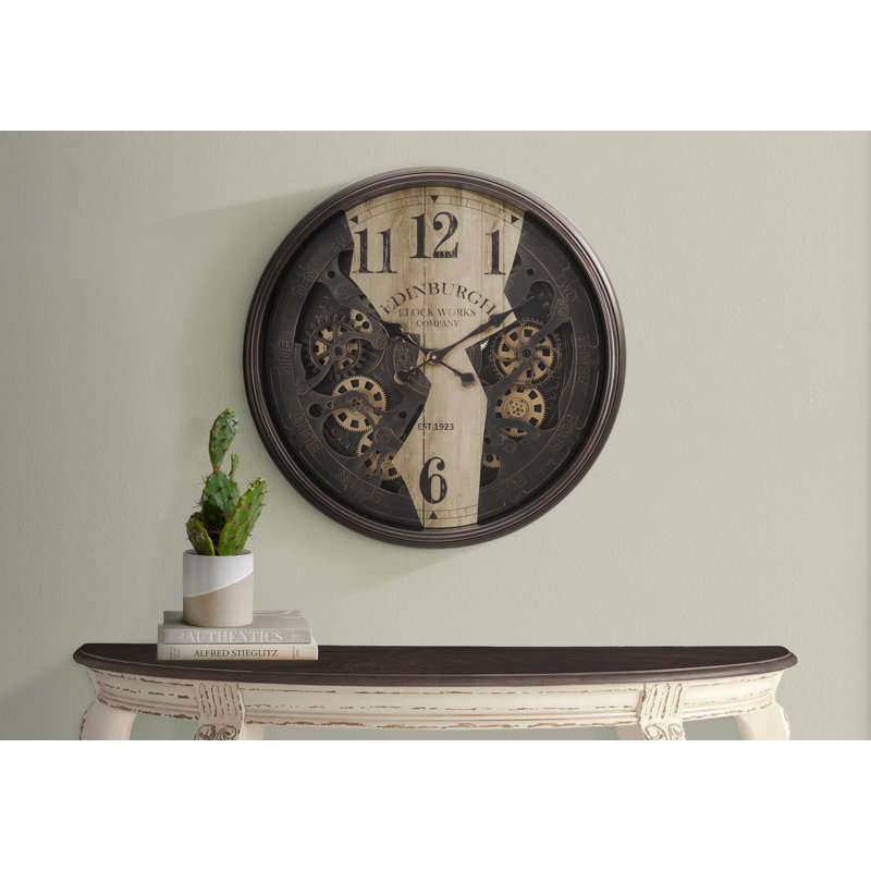 Horloge, horloge murale ronde 30 po, mécanisme d'engrenage, brun, transitionnel