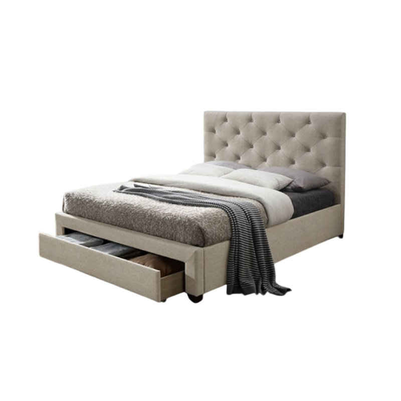 Lit Sya avec capitonnage à boutons et rangement sous le lit, Beige, Double