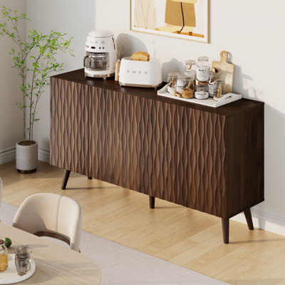 4 - Door Accent Cabinet With Adjustable Shelves, 58"W Buffet Cabinet With Sculptural Wave Design For Dining Room, Living Room And Coffee Bar