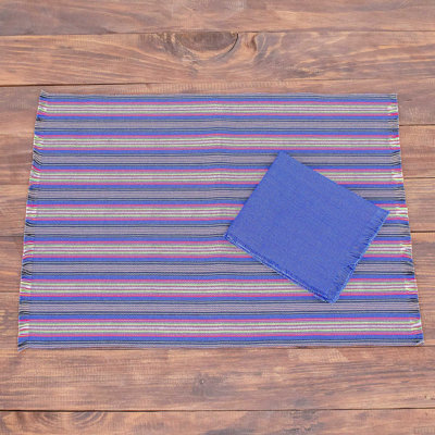 Ensemble de linge de table en coton bleu fait à la main Solola (ensemble pour 6)