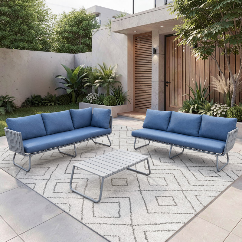 Ensemble de conversation de patio pour 6 personnes en aluminium avec coussins, Bleu acier