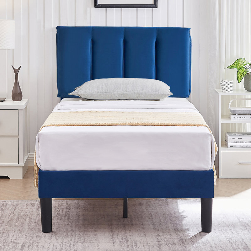 Auxter Upholstered Platform Bed Frame with Vertical Channel Tufted Adjustable Headboard, Velvet Fabric Mattress Foundation with Strong Wooden Slats, Heavy Duty, No Box Spring Needed, Noise-Free