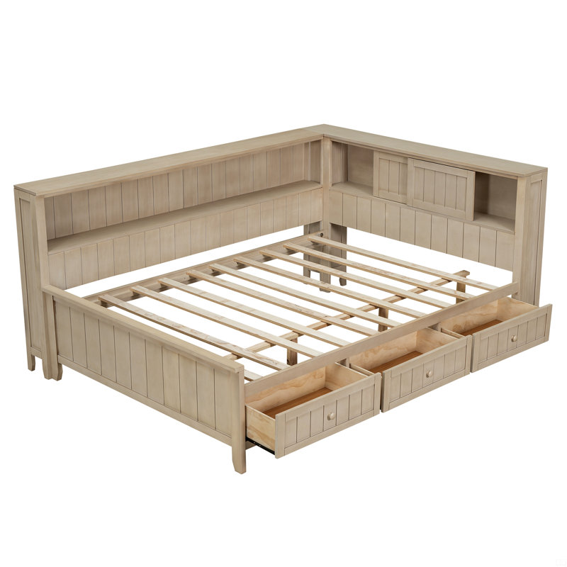 Lit de jour double en bois avec tablettes de rangement et 3 tiroirs, Complet/Double