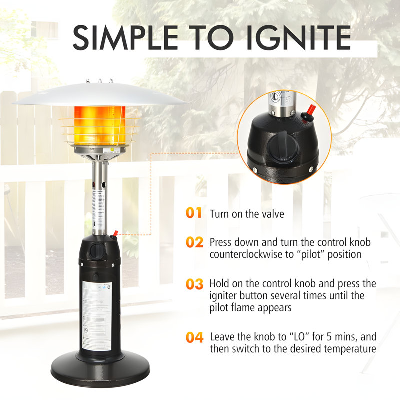 Black Tabletop Propane Patio Heater with Adjustable Flame