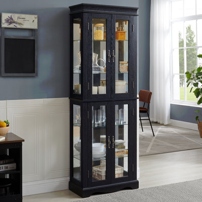 Lighted Glass Curio Display Cabinet With Wood Frame - Elegant Glass Storage For Wine, Toys & Collectibles - Perfect For Living Room, Kitchen & Pantry - Bulb Included, Black