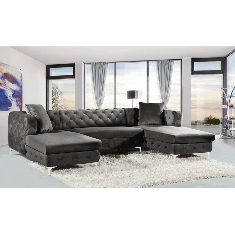 Miranda Velvet U-Shaped Sectional Symmetrical, Grey Velvet
