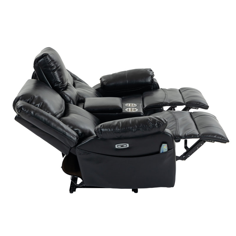 Causeuse inclinable électrique en cuir synthétique 67 po avec chaleur et massage, console de rangement et ports Type-C