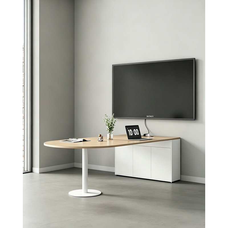 Table de conférence à bout arrondi avec armoire de rangement latérale, H 29,53 po x L 70,9 po x P 39,37 po