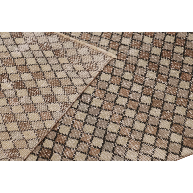 Vintage Distressed Runner Rug, Beige And Brown Geometric Pattern - Rug & Kilim
