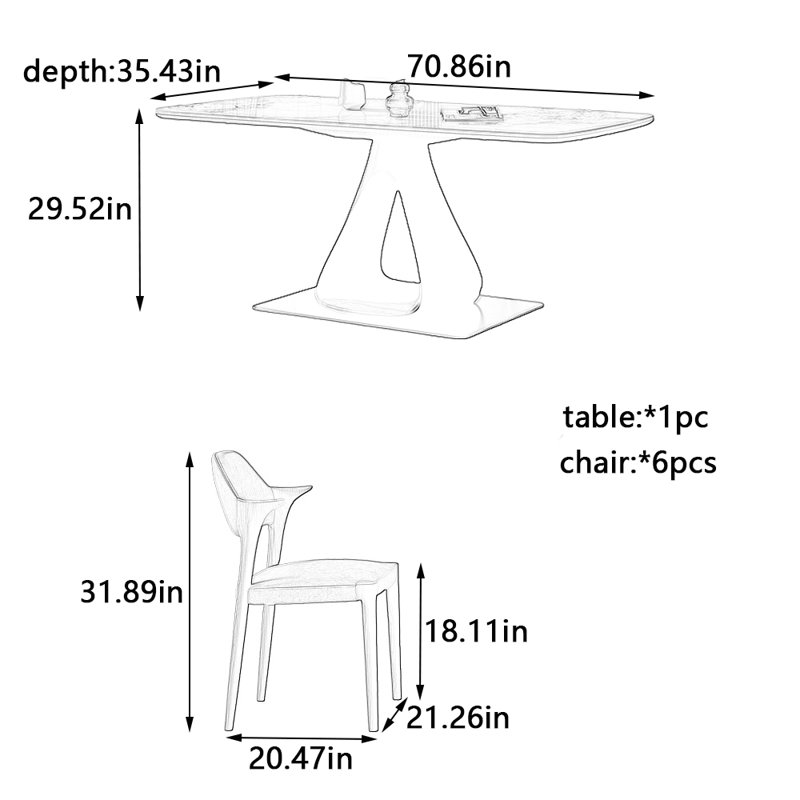 Ensemble de table et de chaises élégantes, H 29,52 po x L 70,86 po x l 35,43 po
