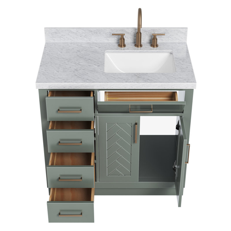 ARIEL HEPBURN 37 IN RIGHT OFFSET RECTANGULAR SINK VANITY 1,5 IN, Right, Rectangular, Vintage Green/Satin Brass