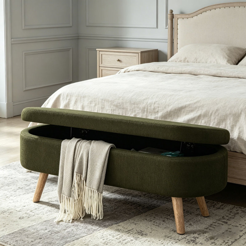 Oval Boucle Storage Ottoman Bench with Wood Legs, Dark Green