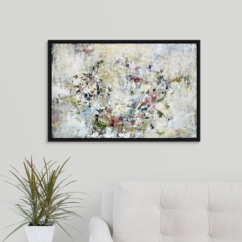 « floral couronne », peinture sur toile, H 17,7 po x l 25,7 po x p 1,75 po, Cadre flottant noir