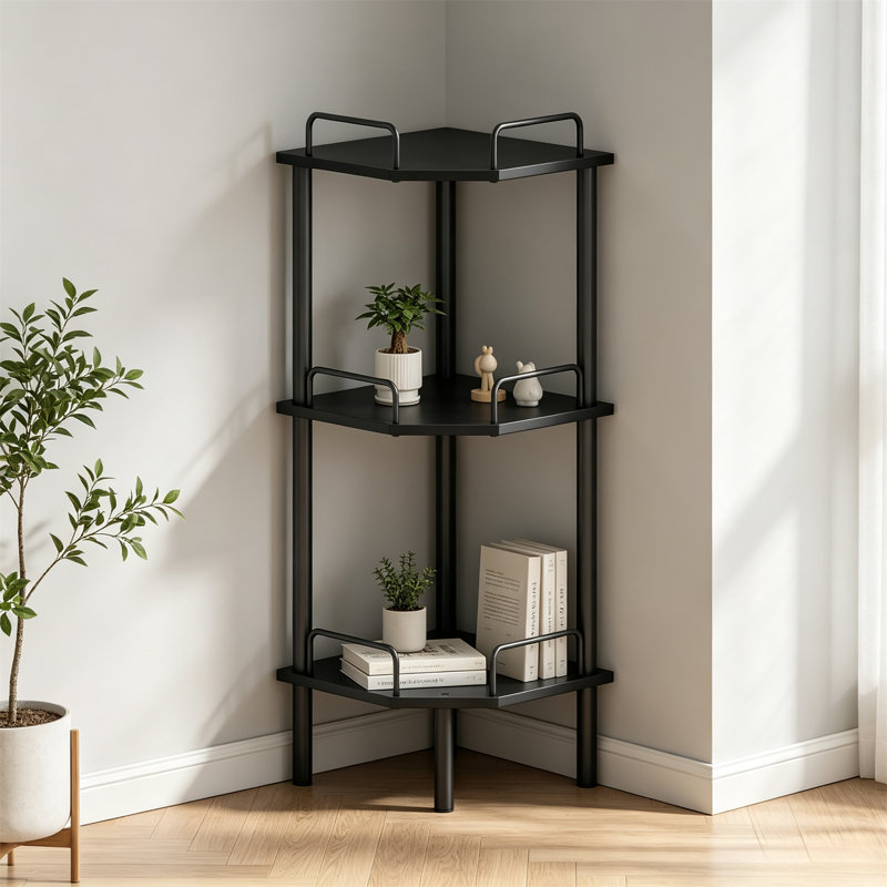 Étagère d'angle rustique à 3 niveaux – Bibliothèque et étagère d'angle autoportantes pour la cuisine et le salon, Noir