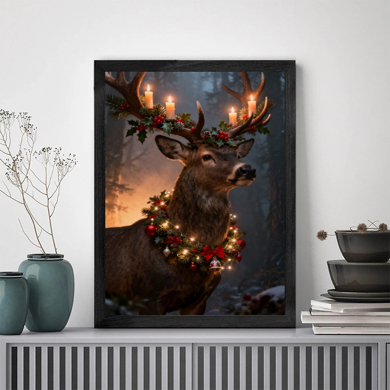 Art mural noir avec renne de Noël encadré, H 11 po x l 9 po