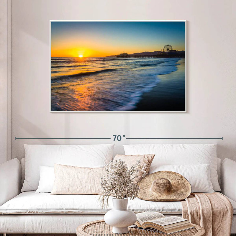 Santa Monica Pier au coucher du soleil, Cadre flottant blanc, 46 po x 31 po