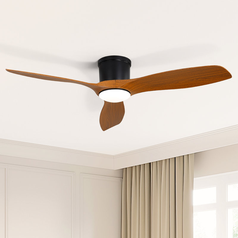 Shandi 52" 3 Blades Modern Intelligence flush mount ceiling fan with LED Lights,Remote Control, Black with Brown Balde