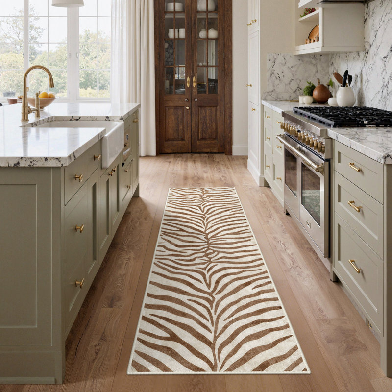 Tapis zébré Albertslund, Tapis de couloir de 2 pi x 7 pi, Beige; café