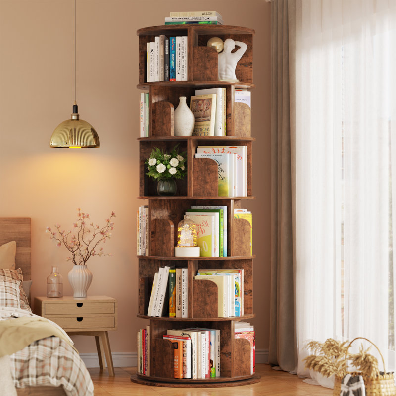 360° Rotating Bookshelf, 6 Tiers Corner Shelf, Rotating Bookcase For Bedroom, Living Room, Brown