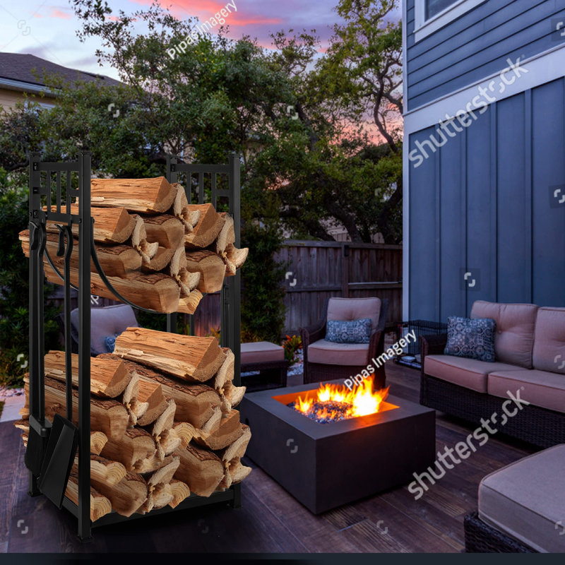 Hermit 31.6in Large Firewood Rack Fireplace Tools Set Wood Holder Indoor log Rack With Tools Tall
