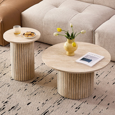 2-Piece Modern Round Coffee Table Set, 27.6"/15.7" Groove Line Cylinder