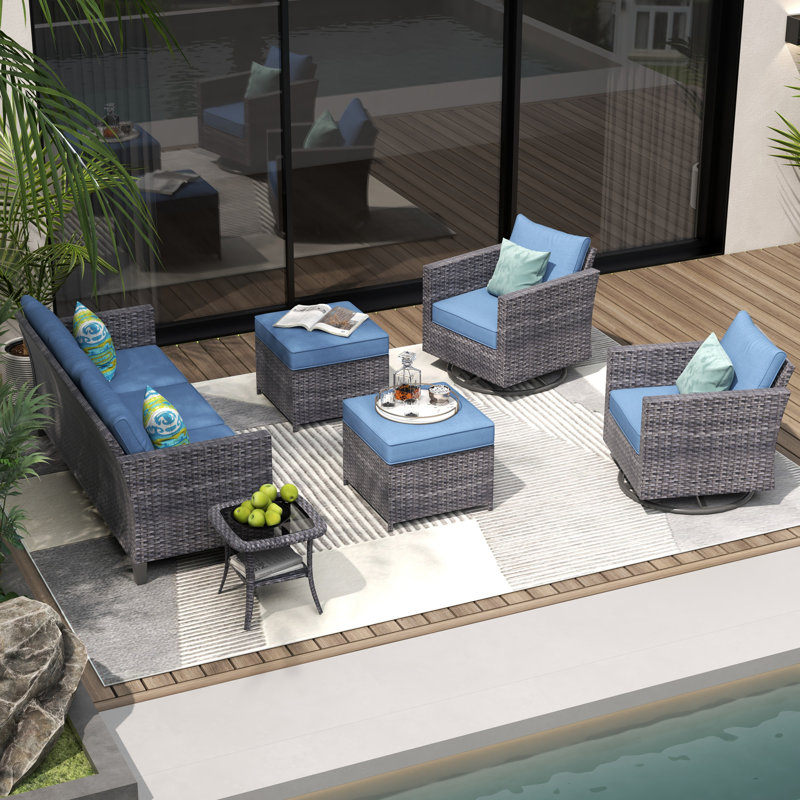 GRST Rattan Sofa Seating Group with Cushions, Blue