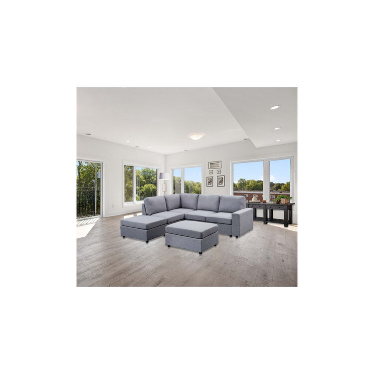 Gouvernour Linen Reversible Modular Sectional Sofa with Ottoman, Light Gray 100% Linen