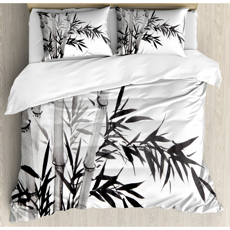 Charcoal Gray and White Bamboo Queen Duvet Cover Set