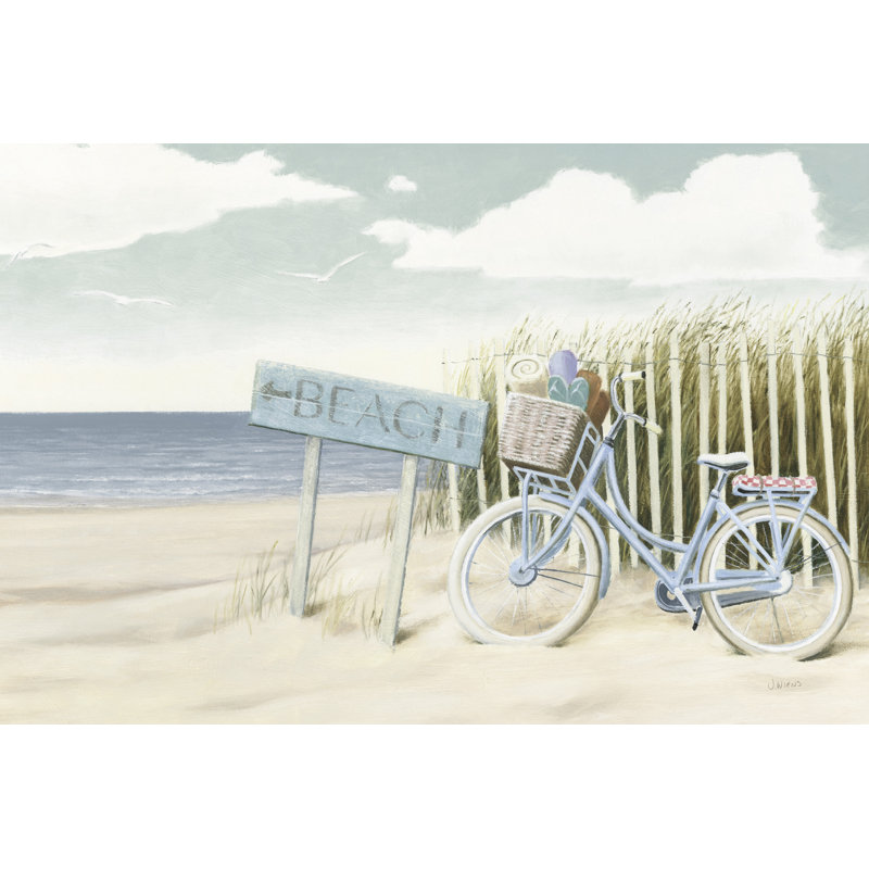 Vélo de plage, panneau de plage, sable, vue sur l'océan, bleu sarcelle, cyan, brun clair, nuages, bord de mer, doux, herbe de plage