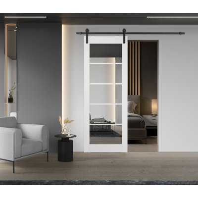 Palladio 5 Lite Manufactured Wood And Mirrored  Interior Barn Door With Installation Hardware Kit