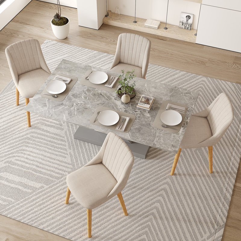 Velvet Dining Chairs With Wooden Legs Set Of 4, 4, Beige Linen/Natural