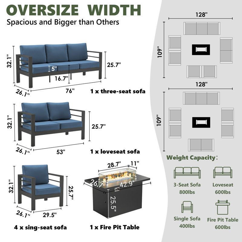 9 - Person Patio Conversation Set with Cushions, Dark Gray, Blue
