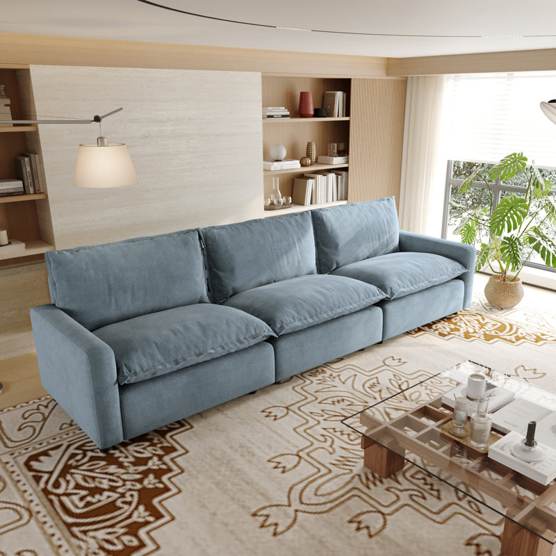 3-Piece Upholstered Modular Linen Fabric Sectional Sofa For Small Spaces, Blue