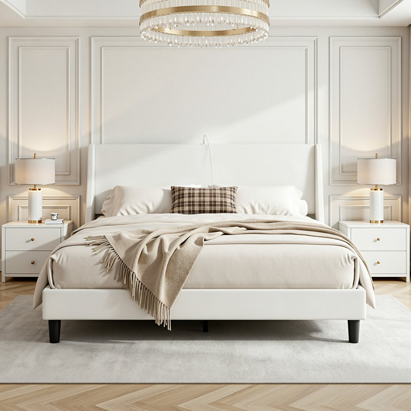 Full Size Linen Bed Frame with Wingback Headboard, Upholstered Wing Side Full Platform Bed with Wooden Slats Support, USB Ports, No Box Spring Needed, Noise Free