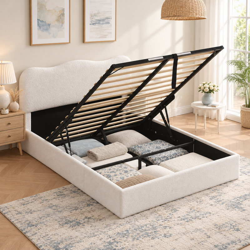 Lit plateforme tapissier Hayden, Grand lit, Blanc