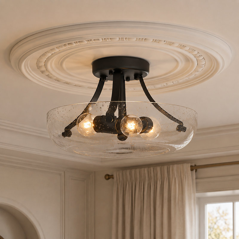 3-Light Glass Semi-Flush Mounted Ceiling Light for Foyer Hallway Stairwell Kitchen