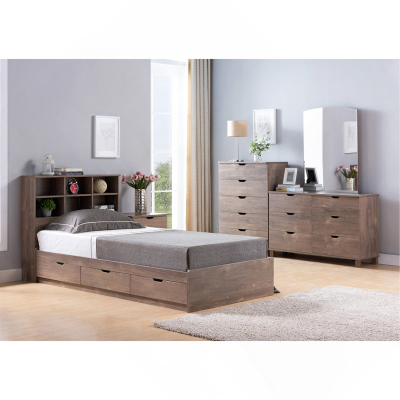 Hazelnut Bookcase Headboard with 6 Storage Shelves, Adjustable 3-Tier Top Panel, Rounded Corners Design, Full / Double