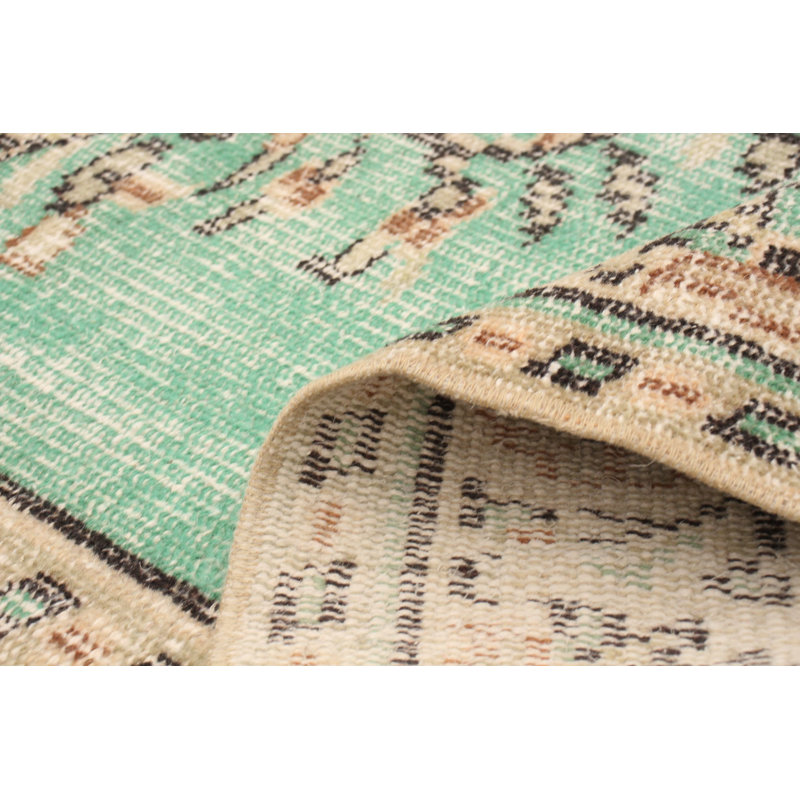 Tapis décoratif vert clair/brun en laine de conception unique noué à la main des années 1980 5 pi 6 po x 9 pi 6 po Deshara