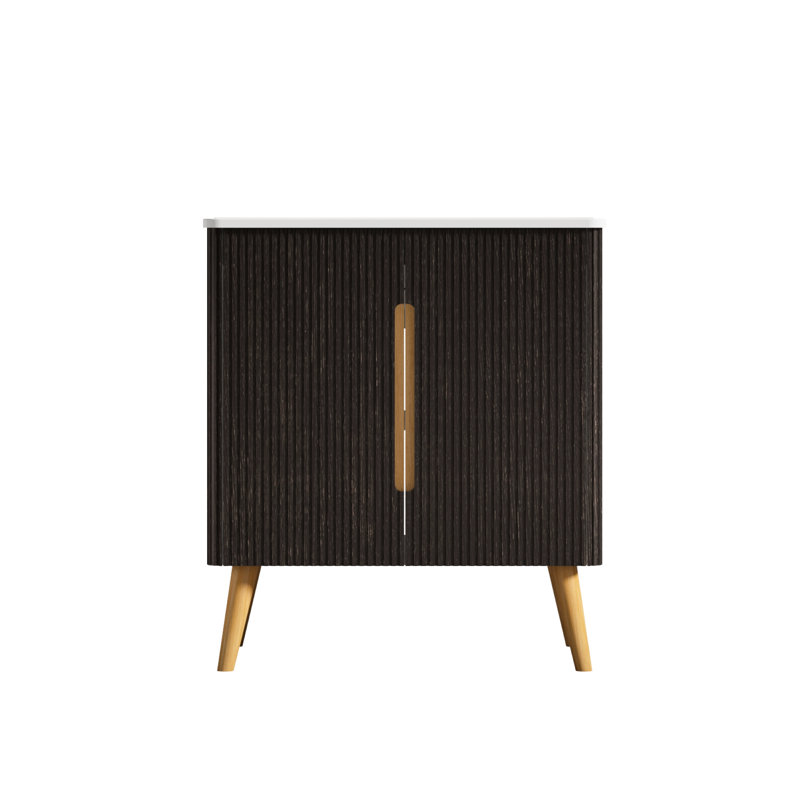 Meuble-lavabo noir brossé de 30 po avec lavabo et armoire latérale, finition texturée noyer rayé, premiers bords courbés, conception sans poignée, portes à fermeture en douceur, grand lavabo de rangement, mur autoportant