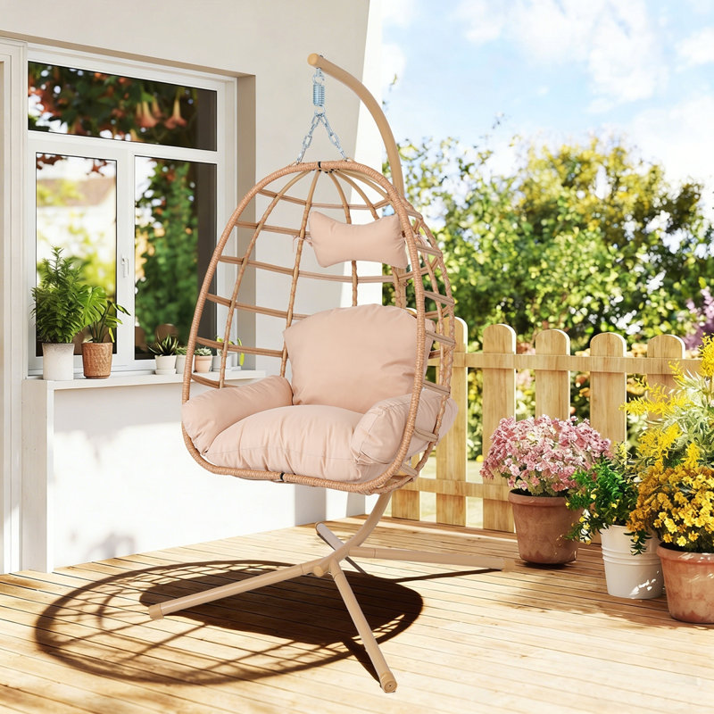 Balancelle d'extérieur suspendue en rotin avec double corde robuste, Beige, Yellow