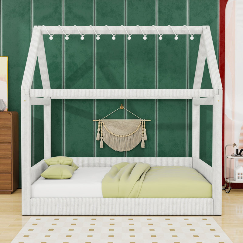 Lit de jour double rembourré avec design maison, lumière DEL et lattes, Beige