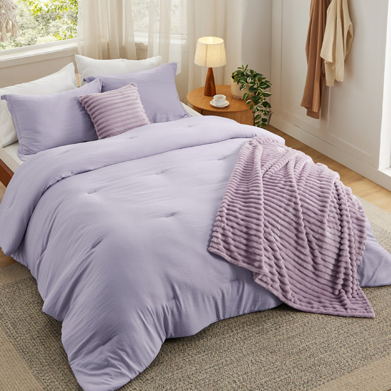 Bedsure Full Comforter Set 5 Pieces - Bed in a Bag with Fleece Throw Blanket and Decorative Pillow, Lightweight Bedding Comforter Sets, All Season Bedding, Purple