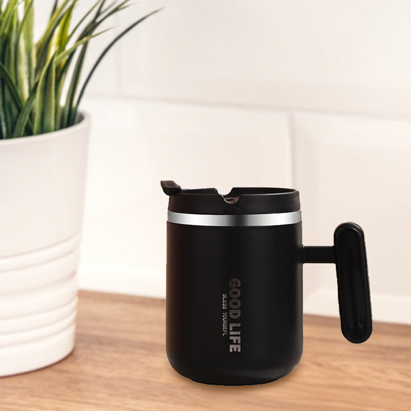 Grande tasse à café en acier inoxydable avec poignée, Noir
