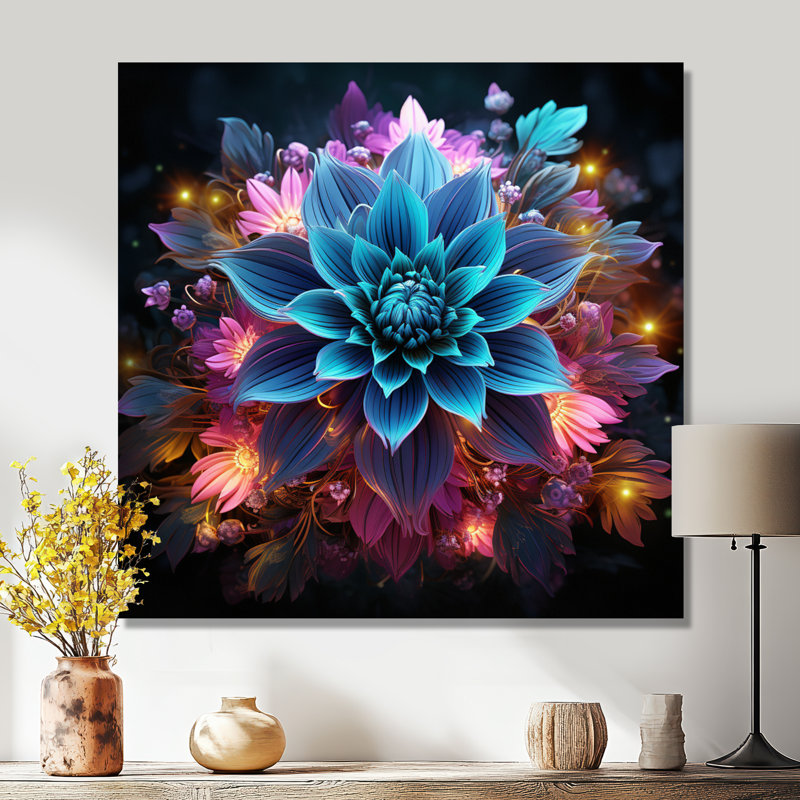 «Turquoise Flower Explosion», impression d'art floral abstrait, Métal métal, H 36 po x l 36 po x P 1,5 po