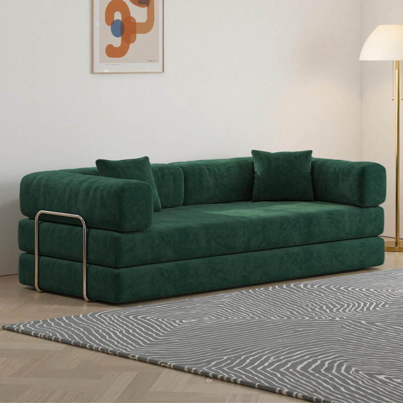 Boneless Sleeper Sofa Bed Convertible Compression Couch Bed Corduroy Floor Couch With 2 Pillows, Dark Green