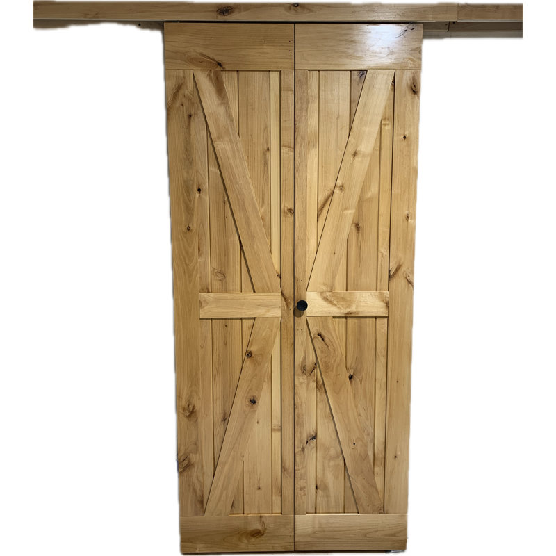 Porte de grange pliante en bois d'aulne fini avec ensemble de quincaillerie coulissante en bois, 38 po x 84 po
